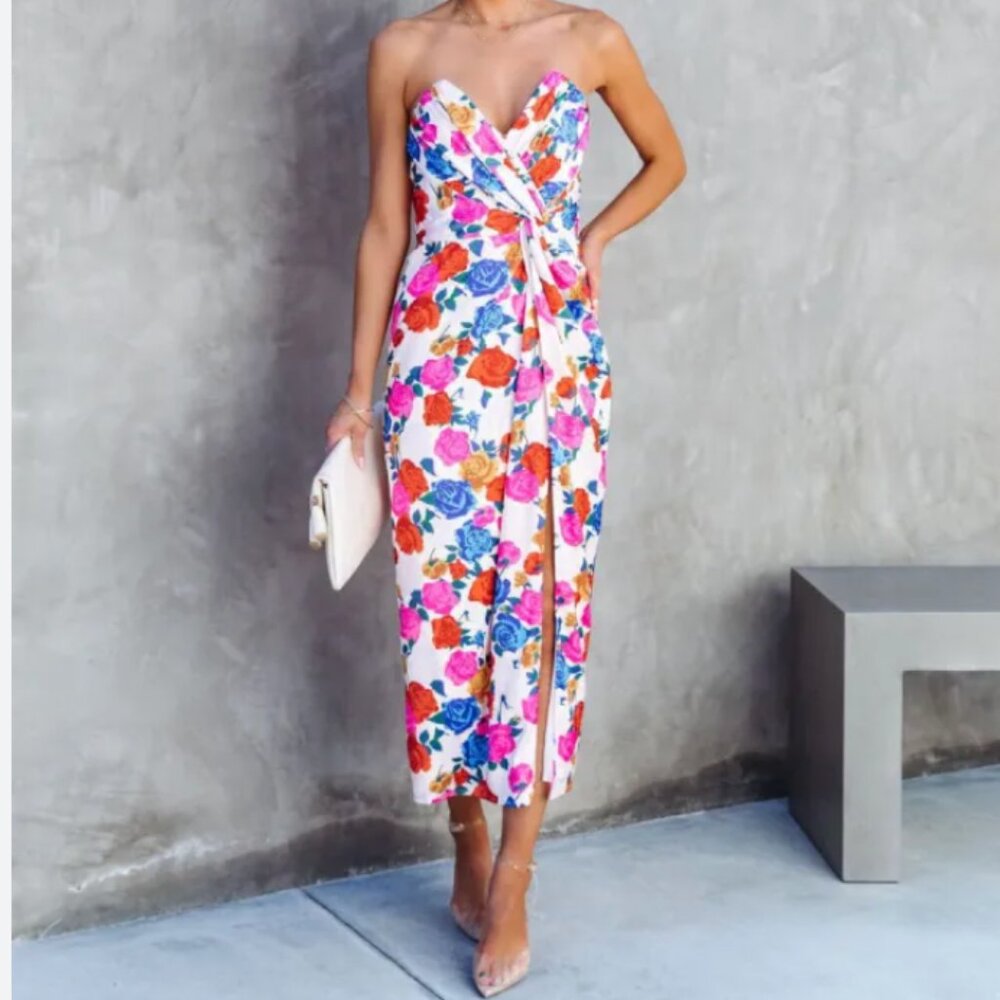 VICI Laressa satin strapless floral midi dress, size large